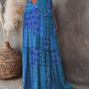 Womens Casual High Waist Tiered Paisley Print Long Maxi Skirt with Pockets, Blue, X-Large